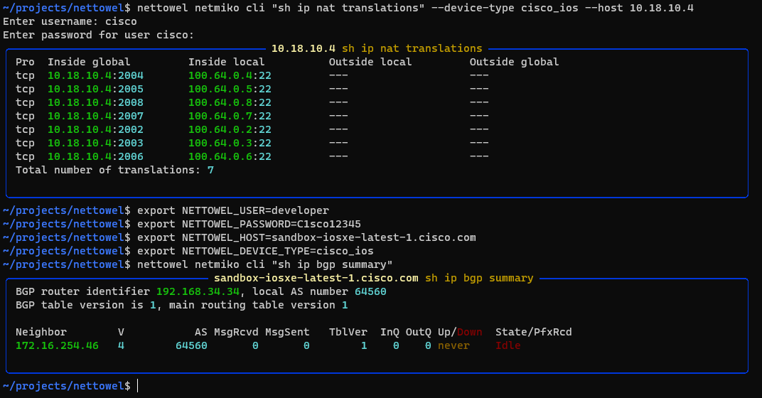 execute cli command with netmiko and nettowel